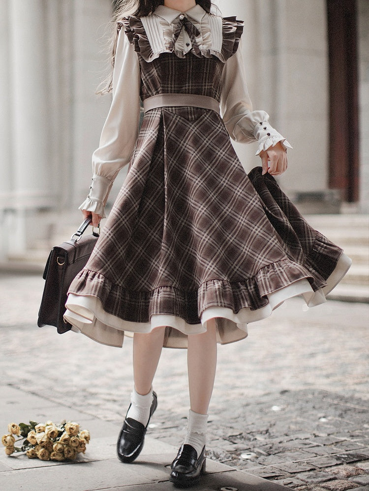 Two-pieces Fake Pattern Plaid Belt with Dress Brown