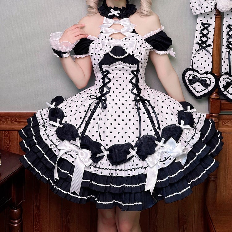 Akzente Schwarz Polka Dots Kleid Old School Schleife Weiß Lolita Neck Halter mit