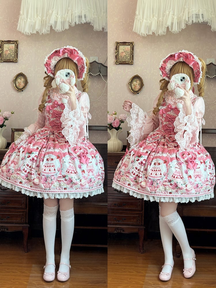 Sweet and Set Strawberry Desserts Pink Full JSK Print / Lolita