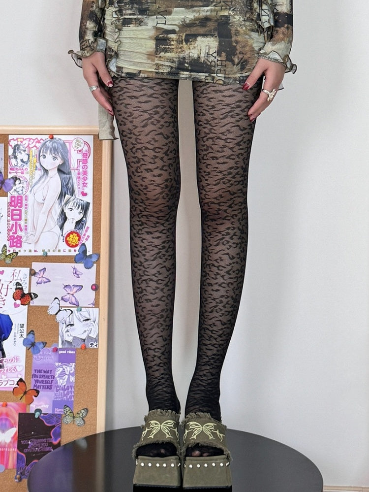 Leopard Pattern Tights Y2K Black