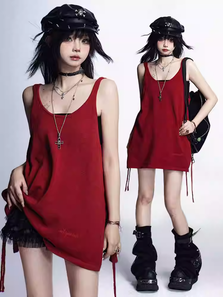 Bustier Tank Top Black Glamorous Red Side Slit Vintage Set with Top