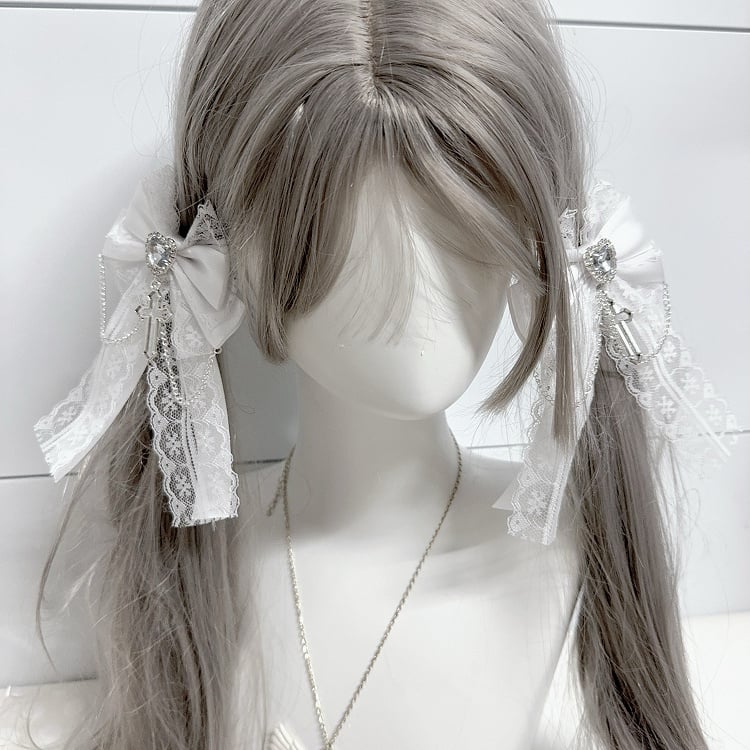 Charm Lace Bow Hairclips White/Pink/Dusty Cross Jirai Kei Pink/Black/Blue