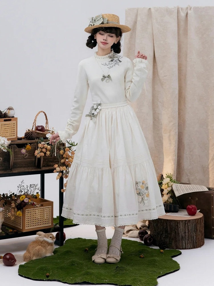 Autumn Cuffs Top Lily the of Knit Beige Lace-up Embroidery Valley
