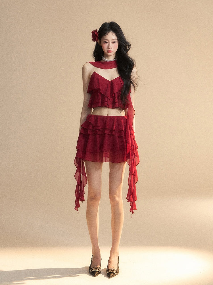 Asymmetrical Ruffled Hem Slim-fitting Mini Tiered Skirt Red Chiffon