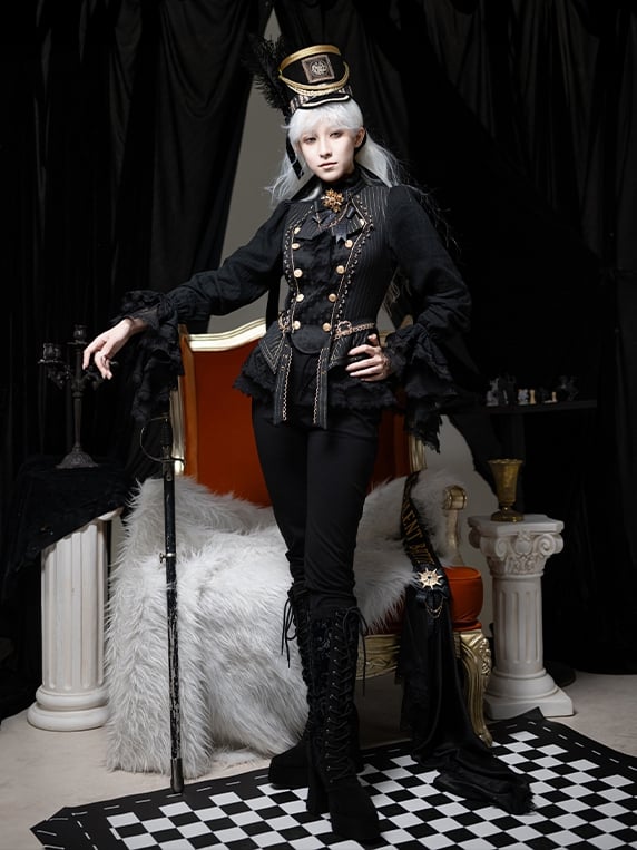 Black Ruffle Neckline Long Cuffs Sleeves Jabot Cadcading