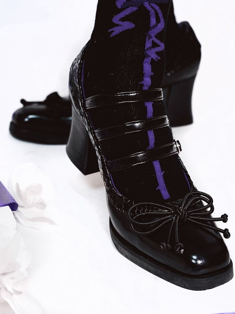 Square Accent Toe Gothic - 6.5cm Heels Bow PU Black Lolita Block Knotted