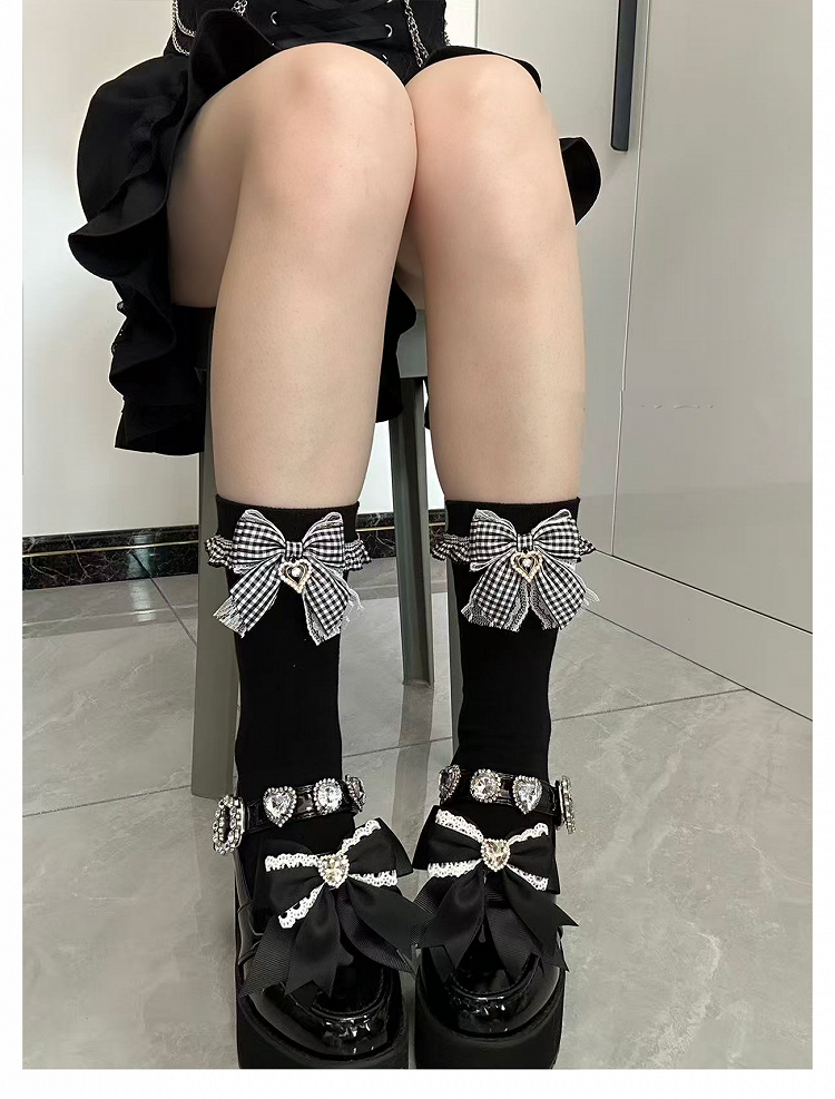Length Jirai Black Sweet Plaid Bow with Ankle/Mid-Calf Lolita Socks Kei