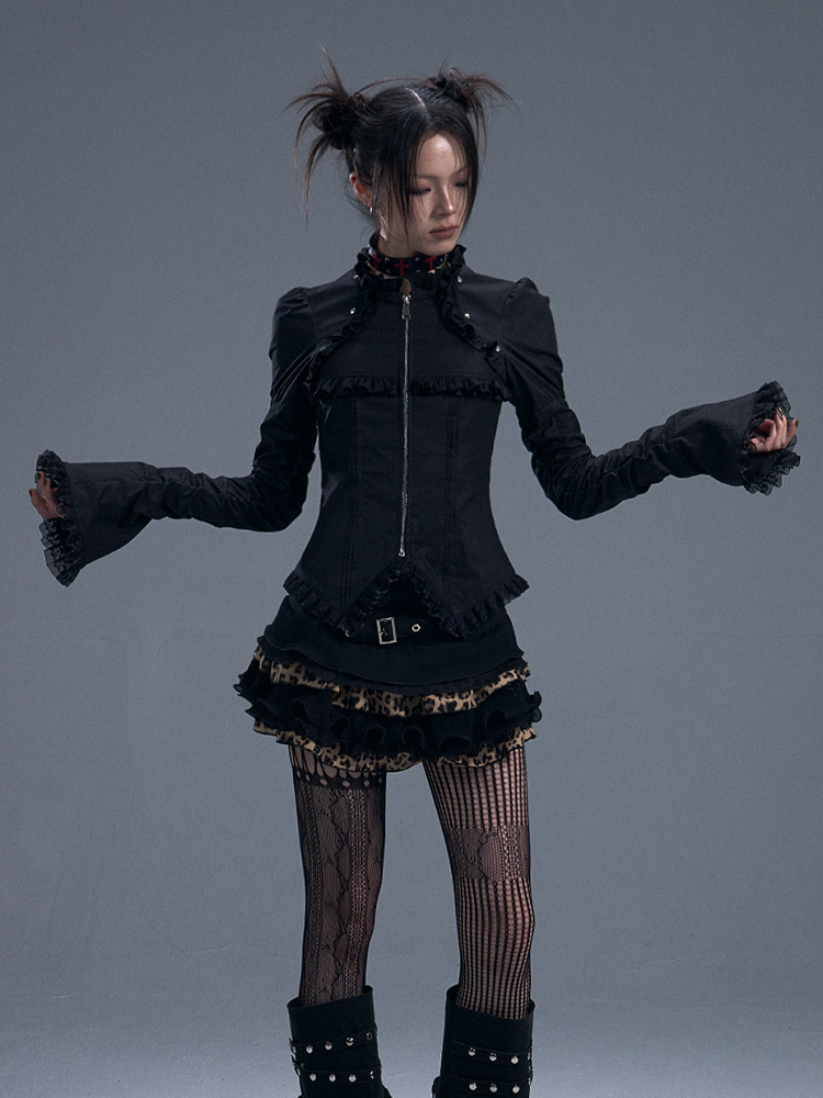 Lace-Trimmed Zipped Black Gothic Vintage Top