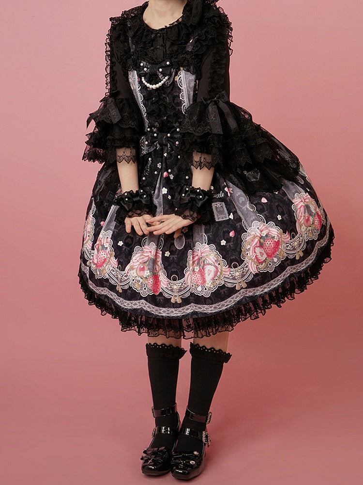 Lolita Sweet Black Strawberry Jumper Print Skirt