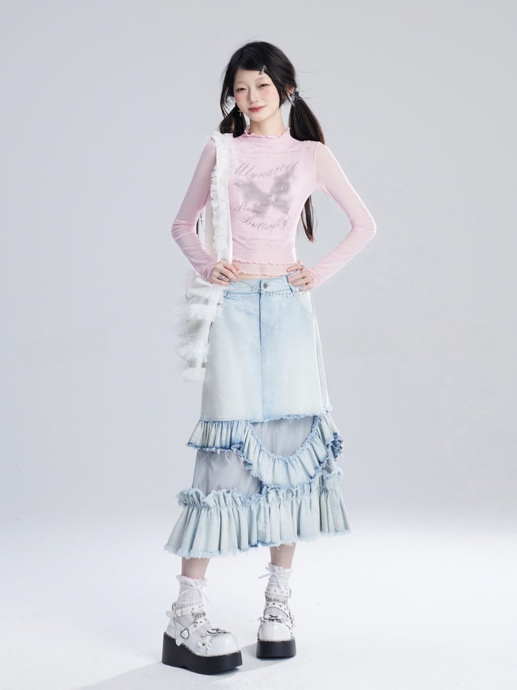 Pink/White Semi-sheer Top Butterfly Print Lettuce Hem Mesh