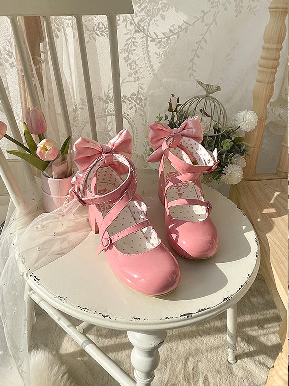 PU - Akzent Süßes Schleifendesign Tiefer Kreuz- und Mittelabsatz Lolita Pink Schuhe