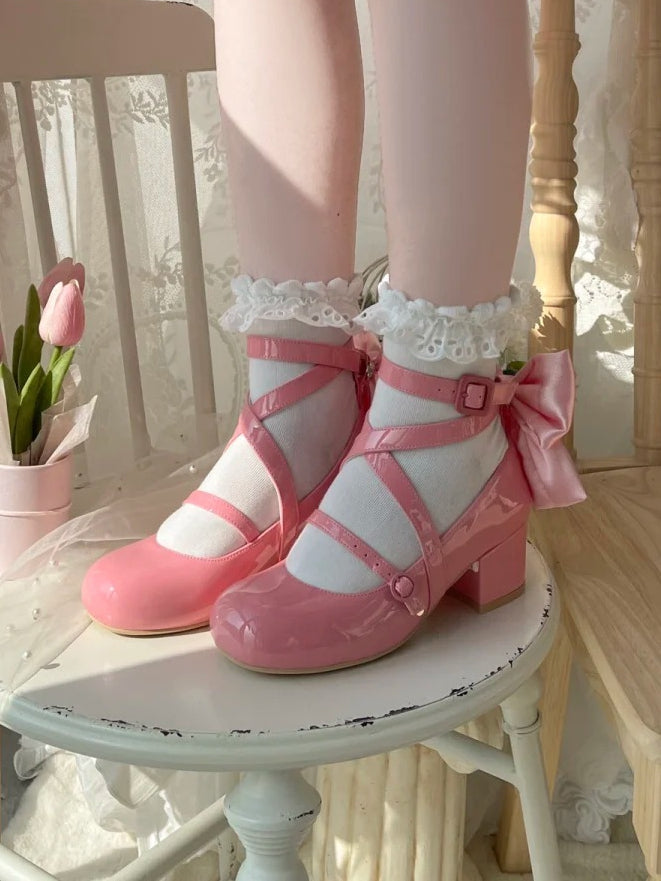 PU - Akzent Süßes Schleifendesign Tiefer Kreuz- und Mittelabsatz Lolita Pink Schuhe