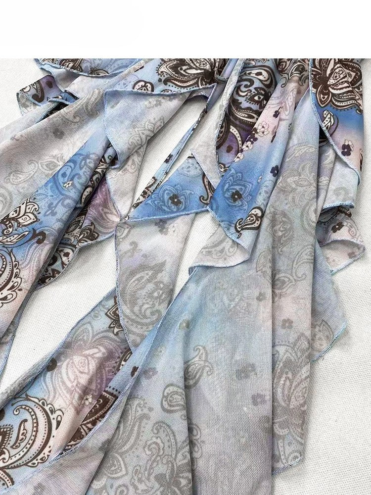 Blue Holiday Ruffle Print Top Tube Accents Design Cascading