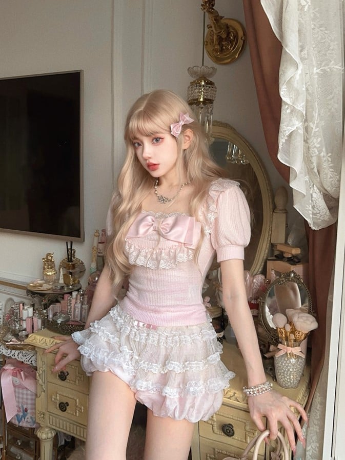 Pink With Sleeve Top Bow Lace Puff Trim Playful Slim-Fit