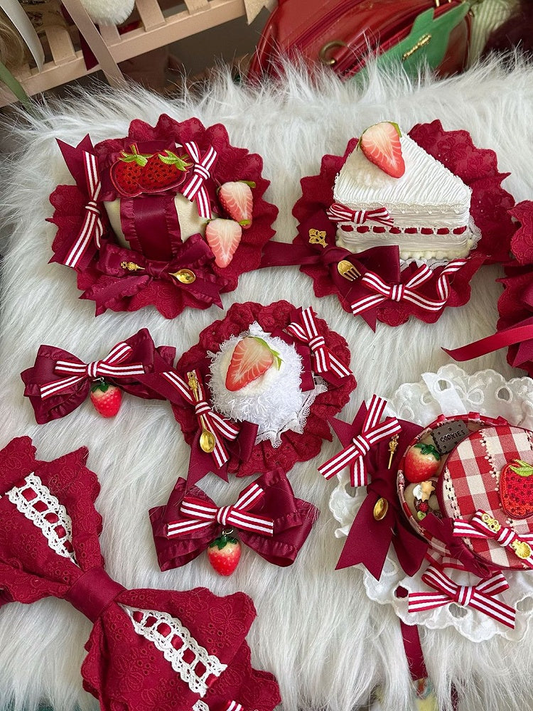 White Sweet Strawberry-Themed Lace Mini Hat Lolita Red
