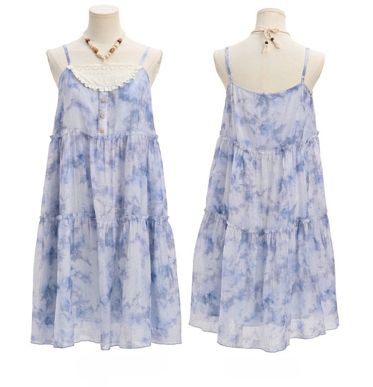 Halter Neck Tie Patches Blue Chiffon Dress Slip Beaded Loose Dye Lace Chain