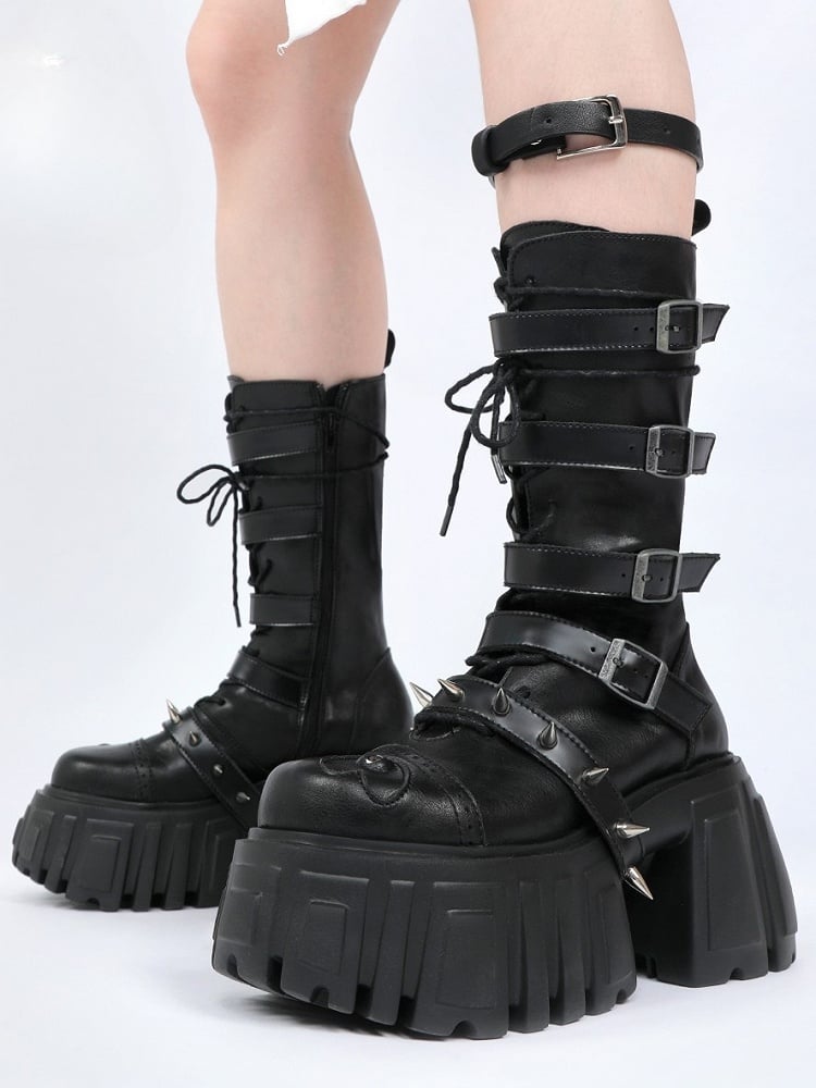 Chunky Platforms Accents Boots Studs Toe Black Cyberpunk with Straps - Mid-Calf Eye-Embellished Buckle