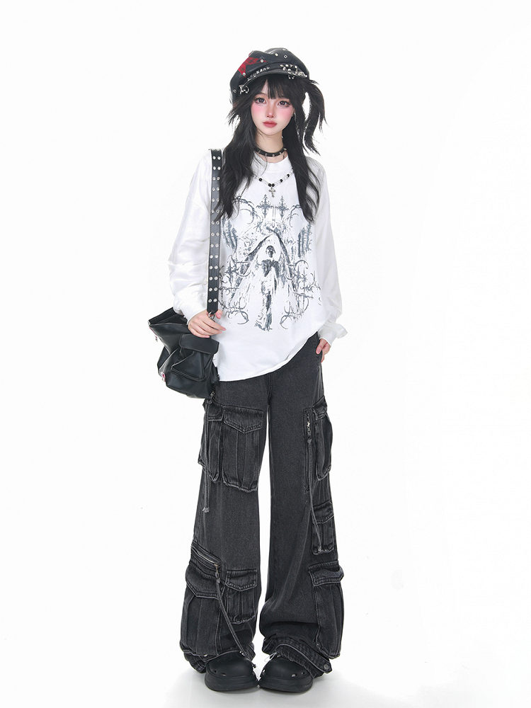 Bead Black/White Distressed Long Sleeve Sweatshirt with Detachable Chain