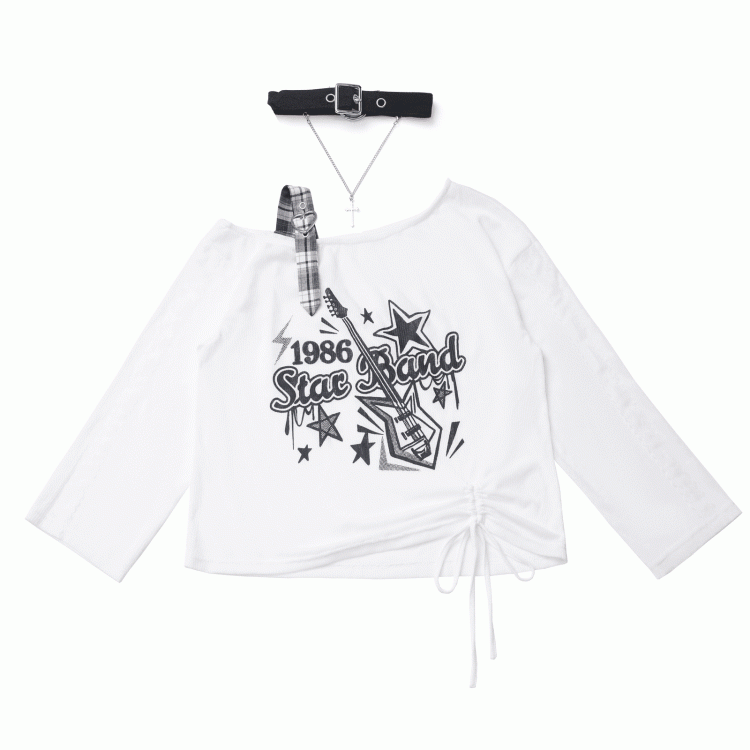 Blue/Black Free with Choker Guitar Print Asymmetrical Neckline Coverup