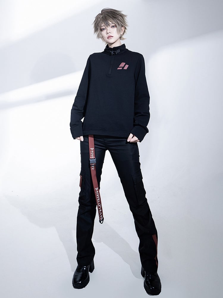 Collar Techwear Black Pullover Ouji Buckle Zip and Top