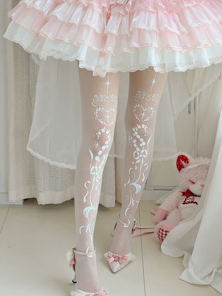 Tights Gothic Lily of the Valley and Cross Print Shiro Lolita