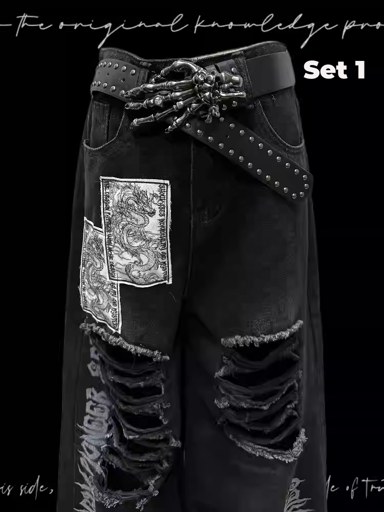 Black Punk Print Dragon Holes Hem Jeans Distressed Appliques Raw