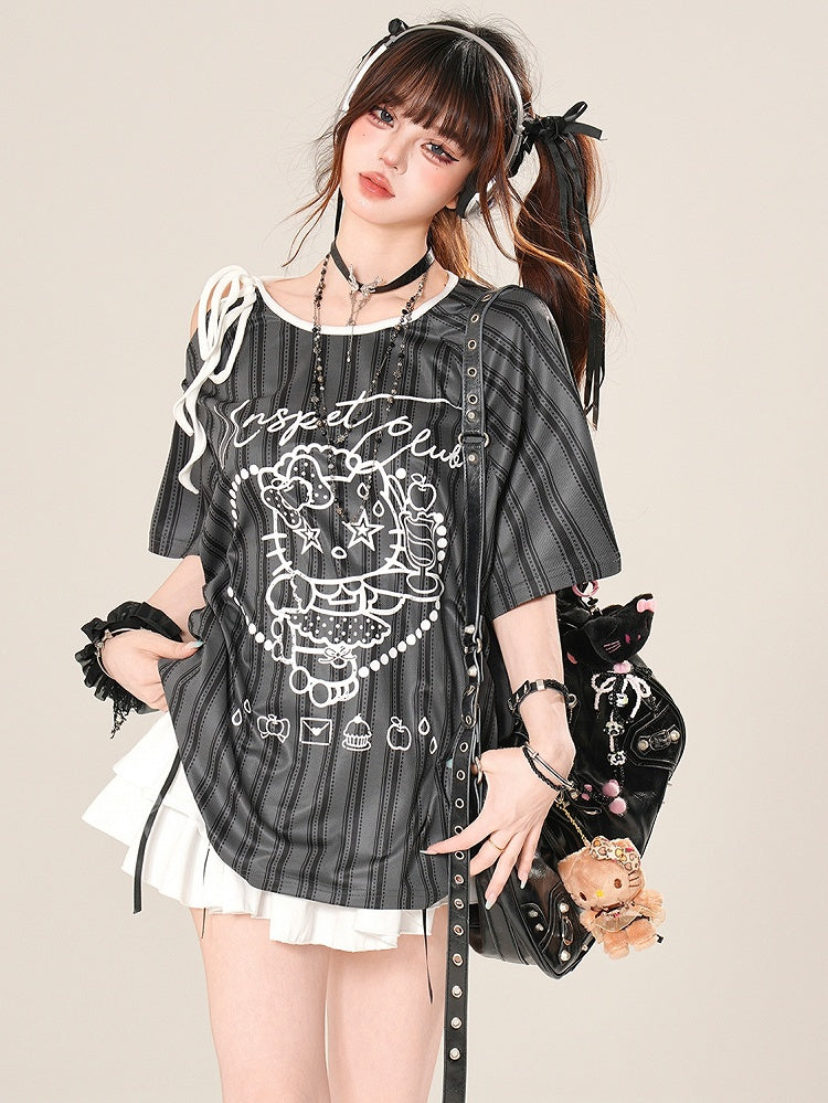 Bittersweet T-shirt Striped Strap Kitty Pattern Black/White Print Neckline Asymmetrical Self-tie