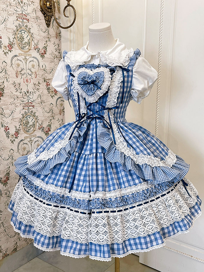 Old and School Blaues Kleid Gingham Lolita Pullover Weißer Rock