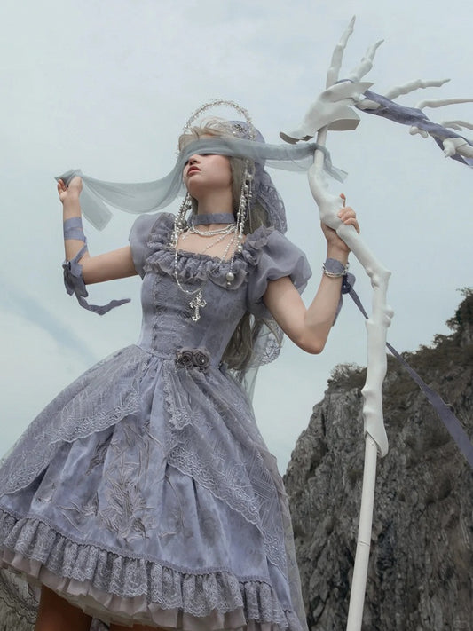 グレーのドラゴンボーン刺繍ハイロースカートドレスゴシックロリータOP、大聖堂刺繍オーバーレイ付き