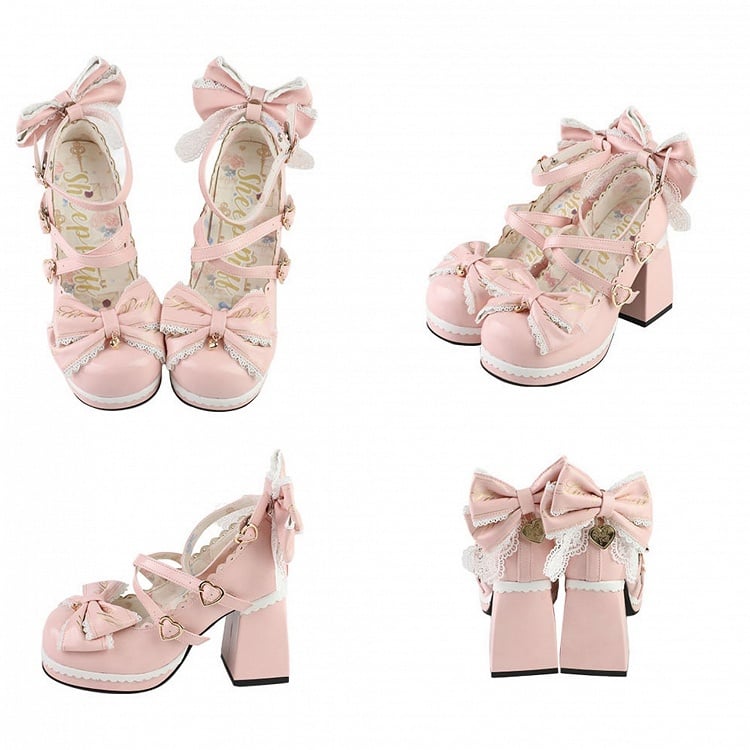 Block Bow Crisscross High Heels Buckles at Detachable Heart Design Pink Top