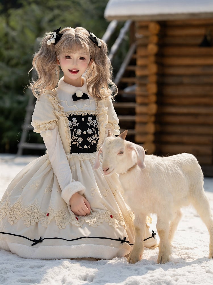 and Neckline Beige Long Sleeves Cuffs Lolita Floral Plush Dress Bodice Embroidery