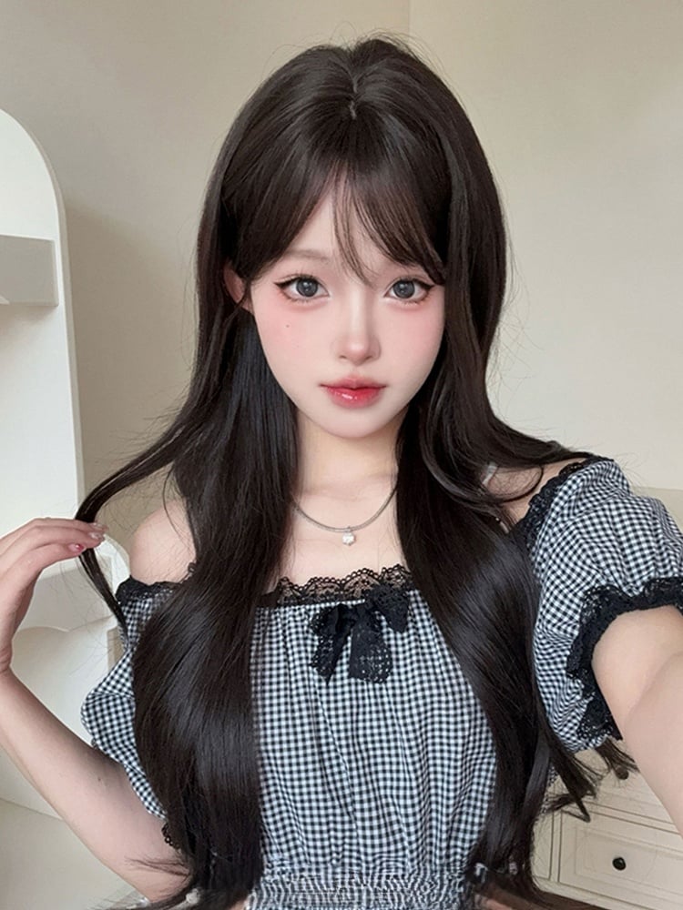 Black With Curtain 73CM Tea Wig Wavy Bangs Length