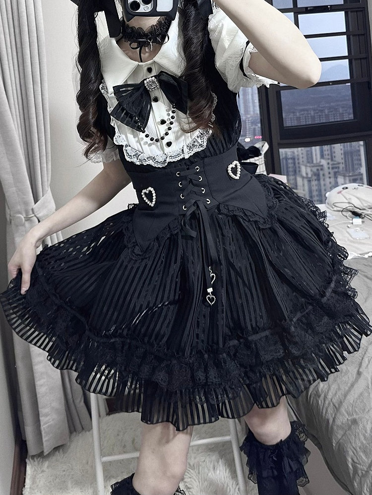 Belt Corset Stripes Skirt Waist Puffy Dress Layered Black Jirai Kei White and Lace-up with Three High
