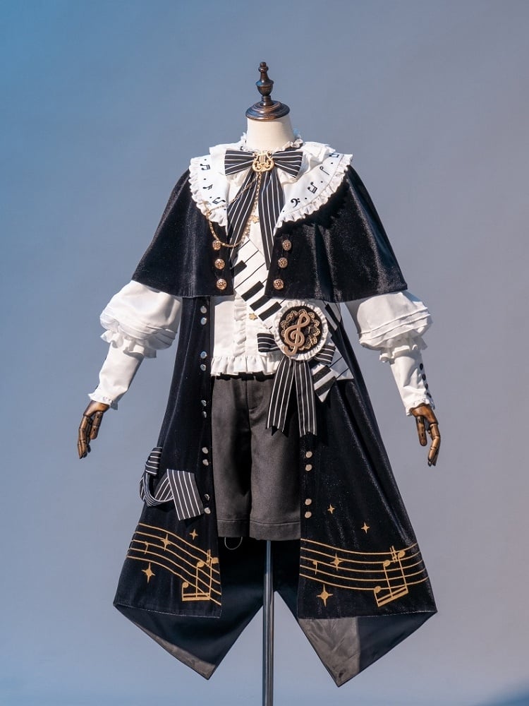 Schwarz-weißes Ouji-Lolita-Komplettset – weißes Hemd + schwarze Shorts + schwarze Robe mit Musiknoten-Aufdruck