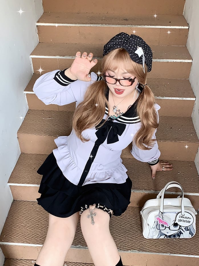 Tiered Skirt Purple + Black Sailor Collar Sleeves Blouse Set - Uniform Bishop Plus Size JK