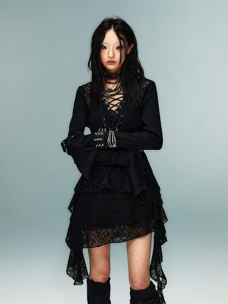 Knit Dress with Lace Accents Sleeve Hem Black Gothic Punk Bell Handkerchief