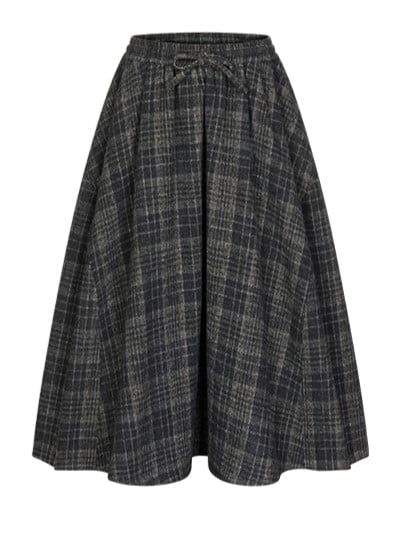 Gray Elastic Waist Tweed Plaid Tea Length Skirt