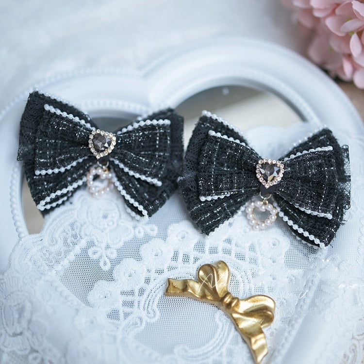 Black/Blue/Pink/Apricot Heart Rhinestone Jirai Kei Bow Hairclips