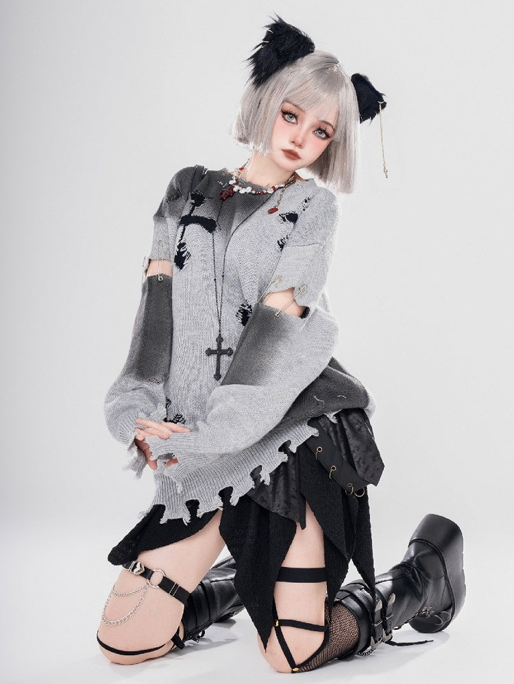 Y2K Black/Grey Cross Shaped Distressed Holes Round Neck Sweater