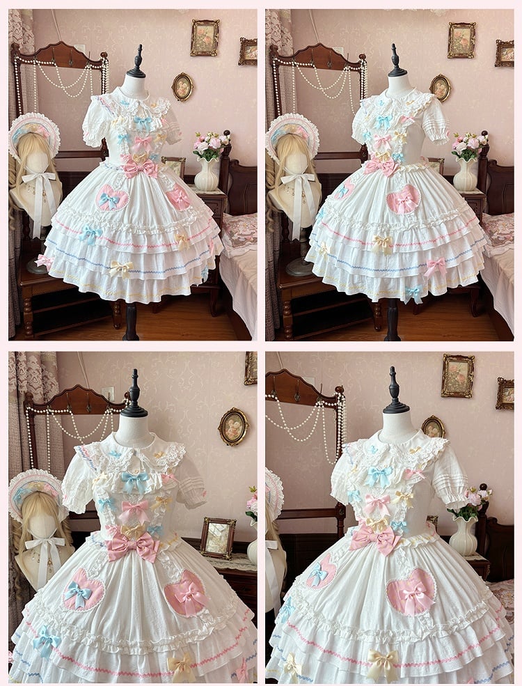 Macaron Color Bowknots White JSK Sleeves Tiered Sweet Lolita Dress Flutter Skirt