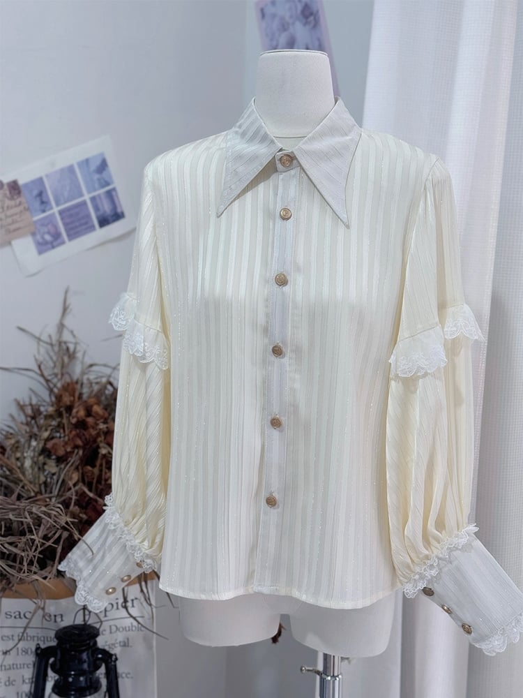 Hemd Foldover Spitz Ouji Kragen Lolita Ärmel Lange Creme