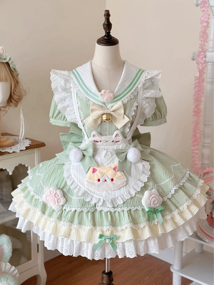 Heart Lolita Green Apron with Maid Matcha Collar Sweet Sailor Kitty-themed Dress