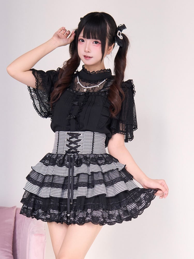 Black Neckline with Beaded Style Chain Details Illusion Criss-cross Jirai Kei Blouse