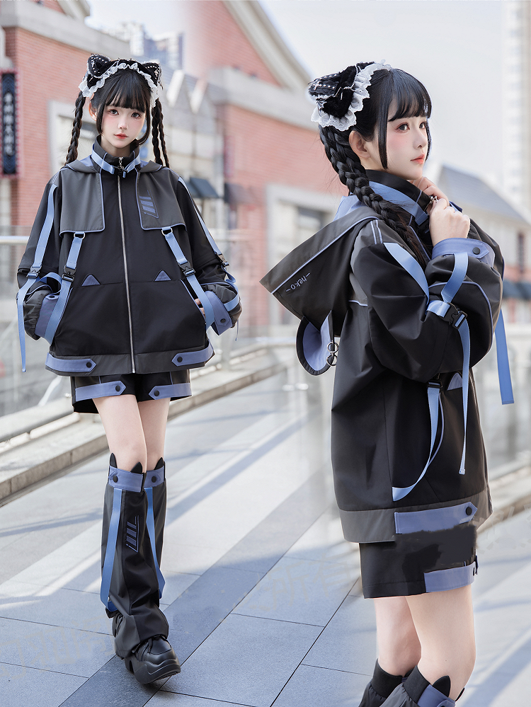Cyber Neko Techwear Three-Piece Set - Windbreaker Jacket