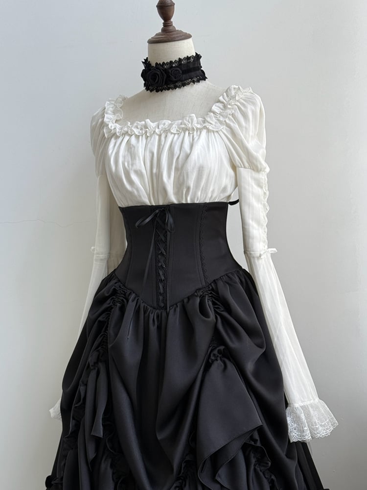 White Bell Ruffle Blouse Long Elastic Neckline Trimmed Sleeves