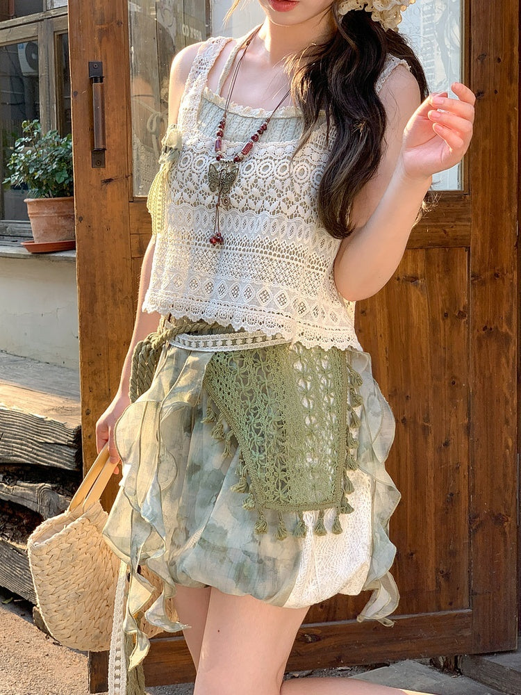 Side Waist Patches Shorts Dye Lace Mori Kei Green Elastic Tie
