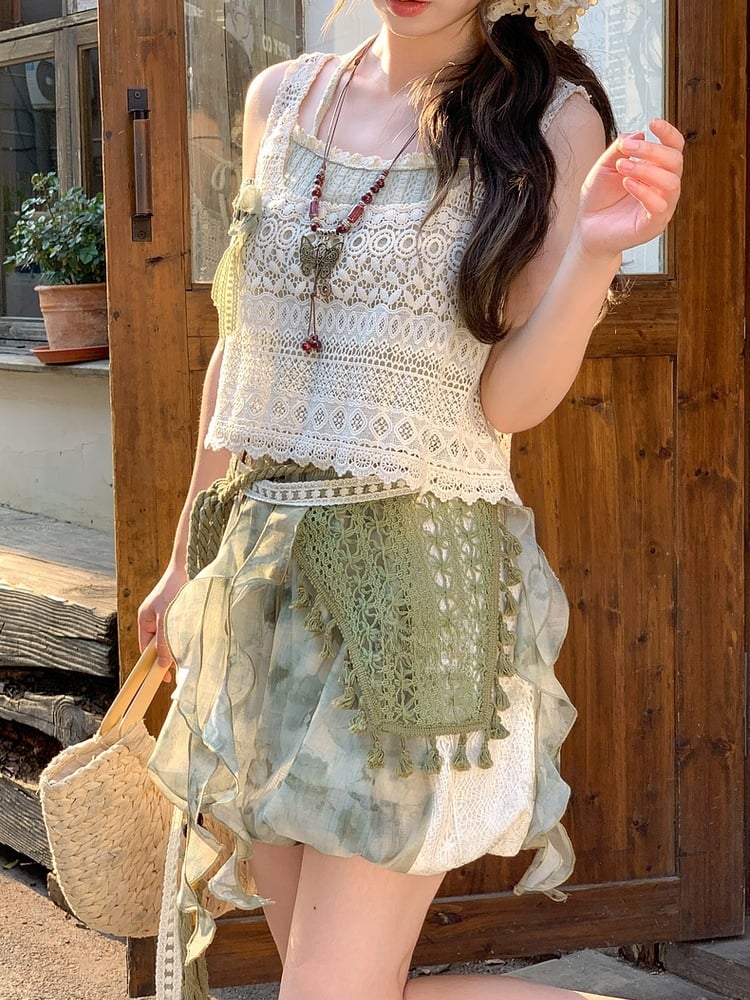 Shorts Dye Lace Waist Mori Kei Green Elastic Side Patches Tie