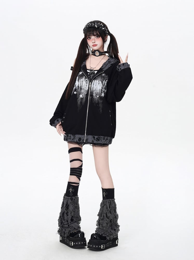 Zip-up Hooded Jacket with Distressed Holes and Cutout Shoulder White/Black