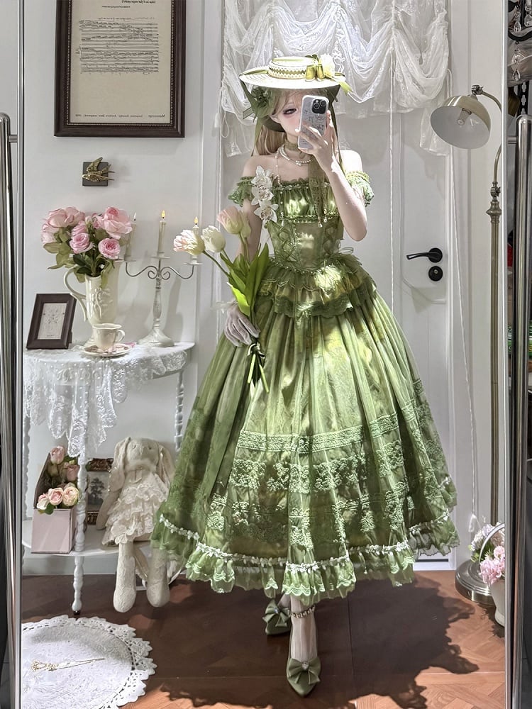 Top Basque Print Waist Boned + Skirt Painting Oil Lolita Classic Overlay Green