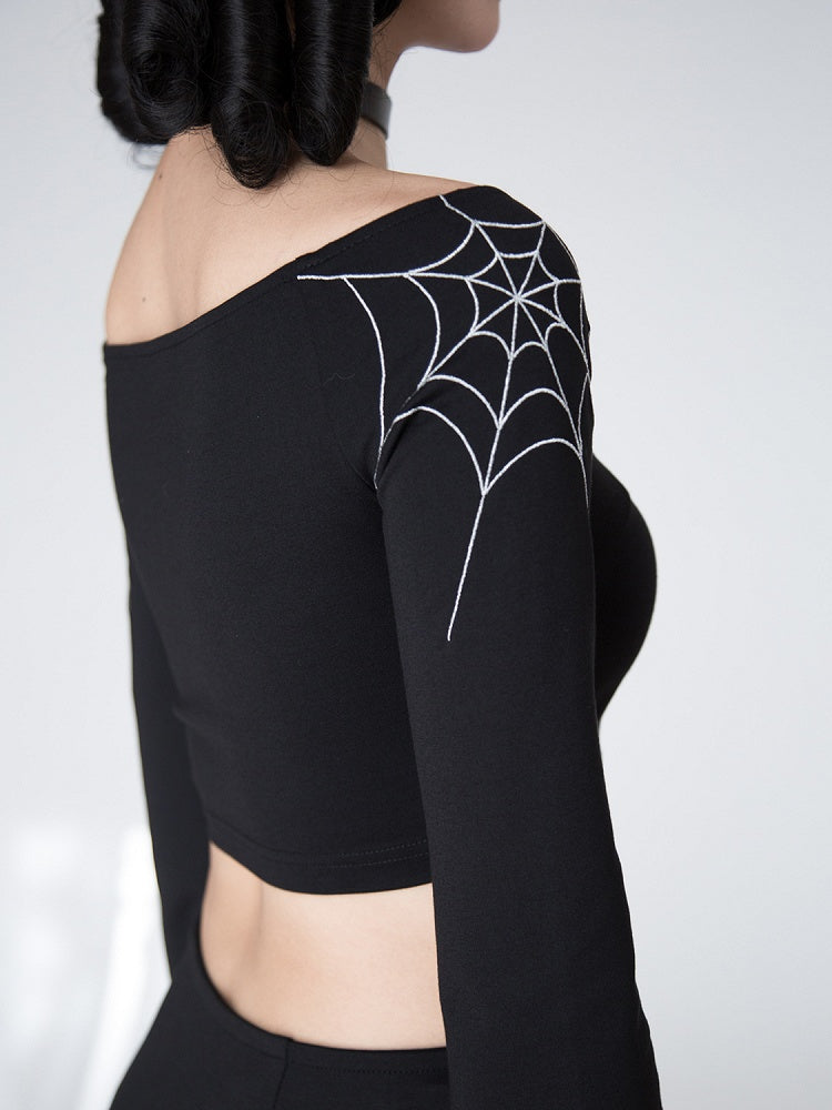 Gothic Black Spiderweb Bell Sleeves Cropped Top